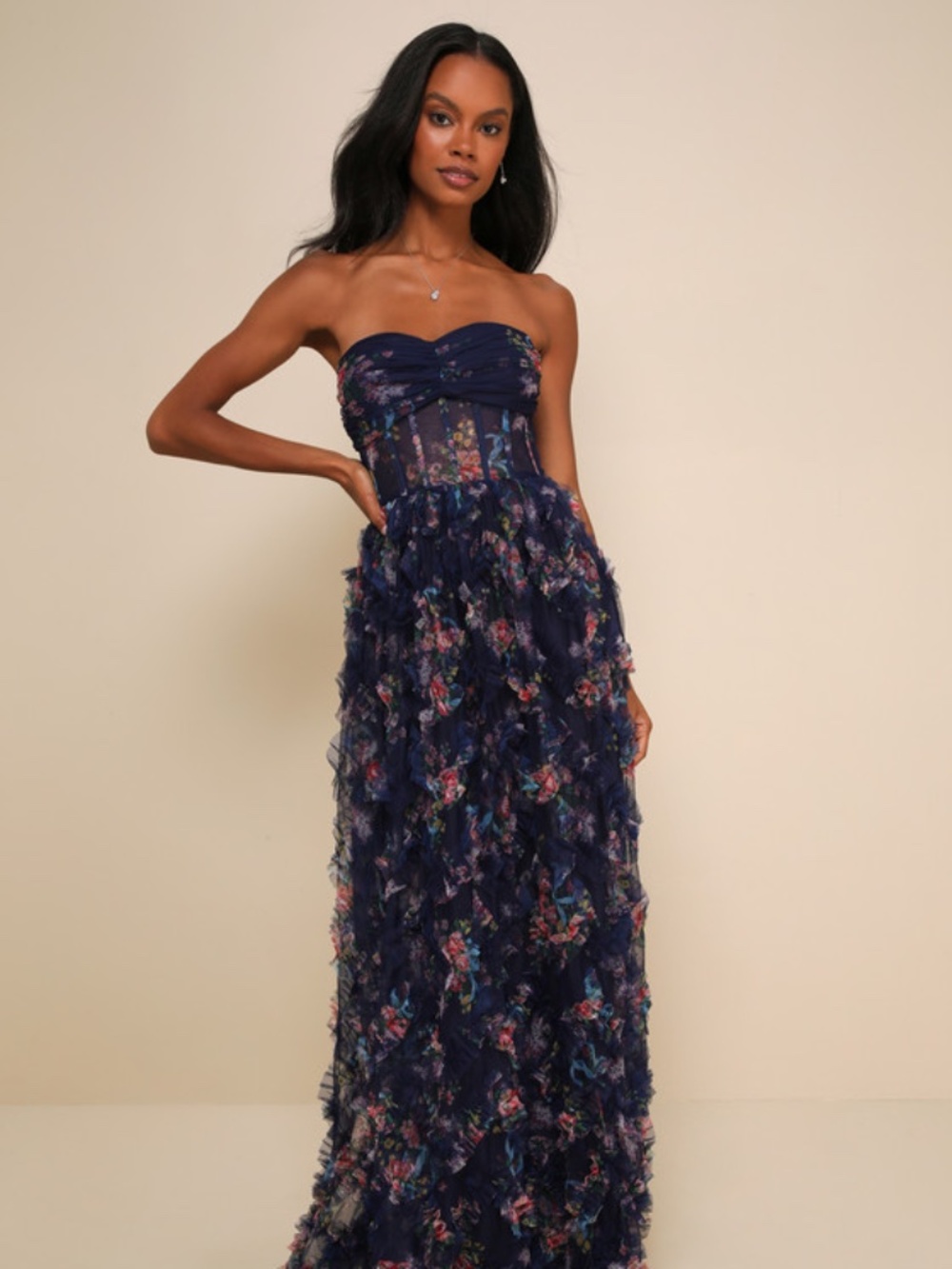 Lulus Stunning Element Navy Floral Mesh Ruffled Strapless Maxi Dress Blue